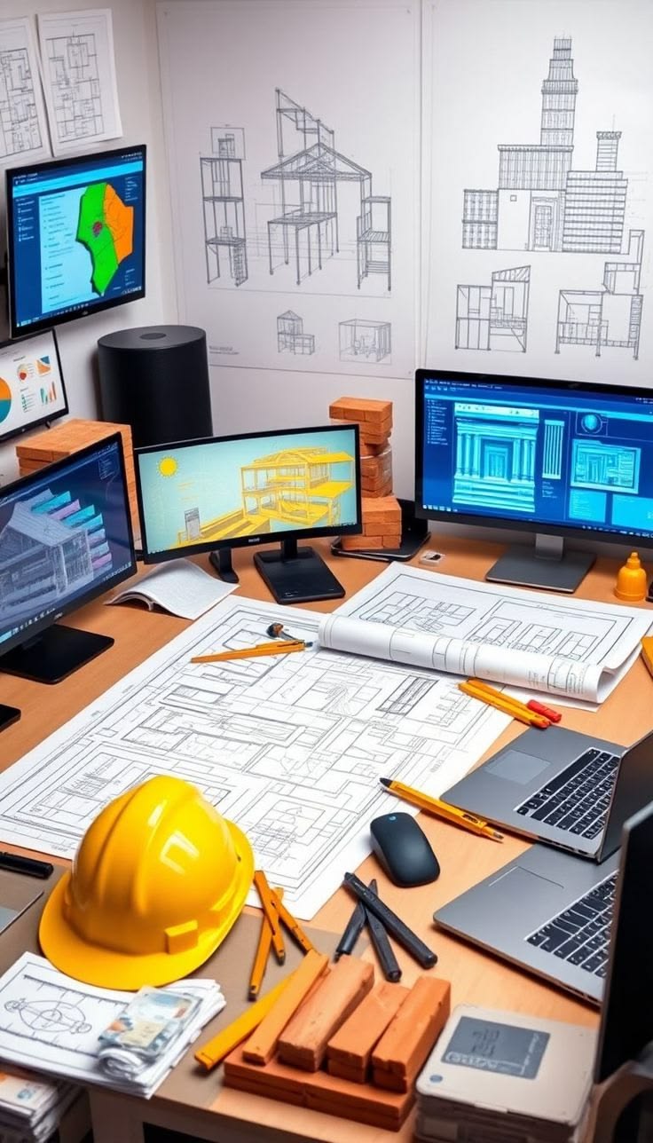 Design and planning workspace with building blueprints, CAD drawings and drafting tools.